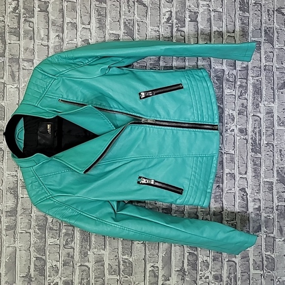 Soho Babe Jackets & Blazers - Soho Babe Moto Jacket Zip Pockets Zip Sleeves Light Blue Stitch Design Small